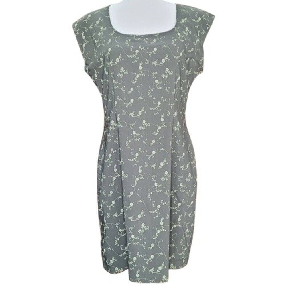 David Wayne Olive Green Cottagecore Floral Square Neck Sheath Dress Sz M Earthy